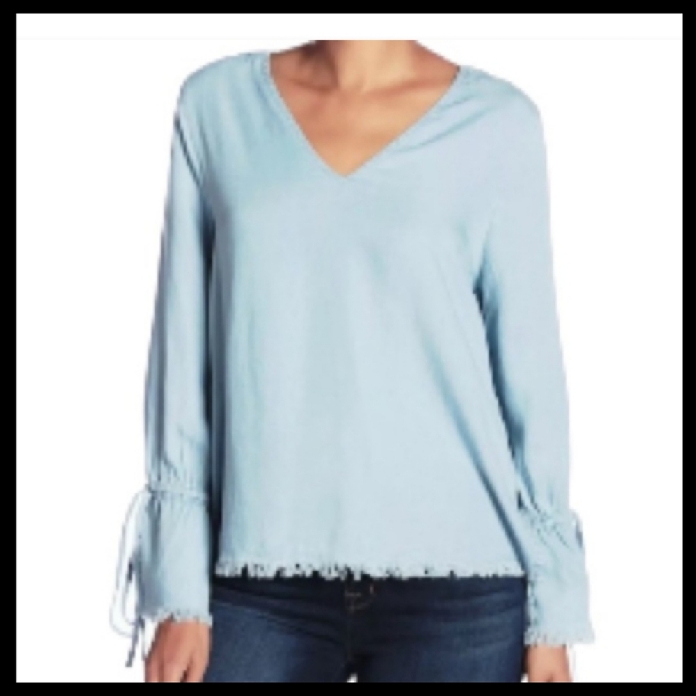 Harve Bernard Tencel Chambray V-Neck Blouse Pacific Blue Size Large●